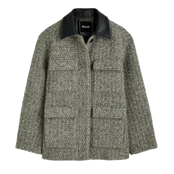 Madewell Wm's Leather Collar Flap Pocket Field Jacket Grey Tweed NWT MSRP $378 - Picture 1 of 5